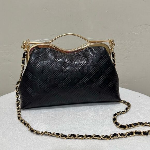 Black Quilted Genuine Lambskin  Double Kisslock Top Handle Bag & 2 Chain Styles - Picture 1 of 12